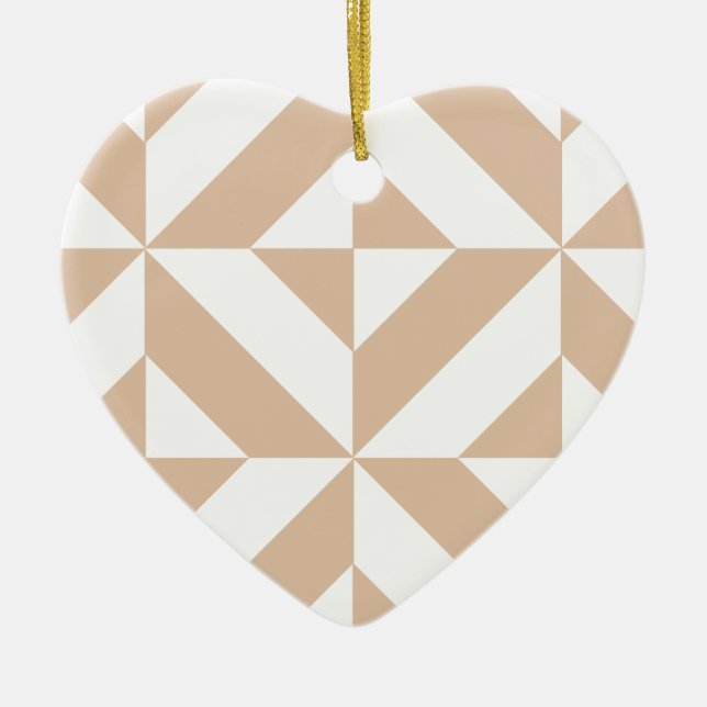 Warm Beige Geometric Deco Cube Pattern Ceramic Ornament (Front)