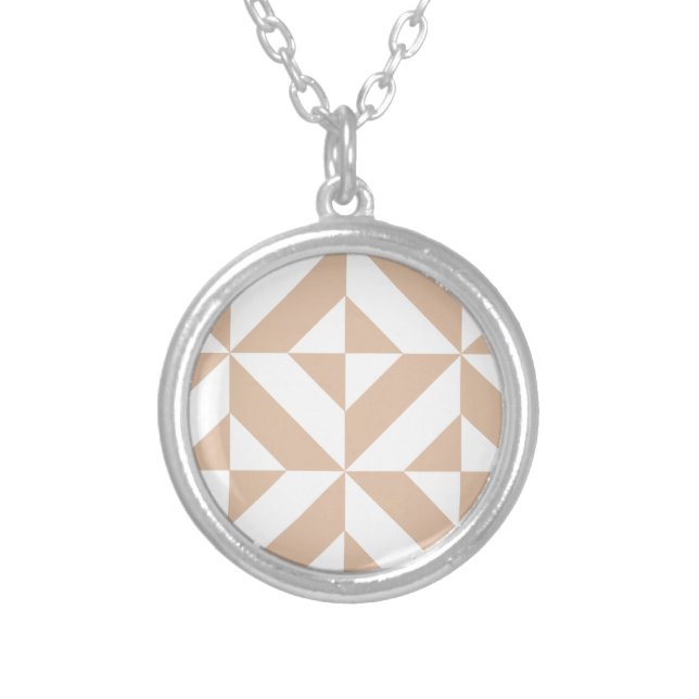 Warm Beige Geometric Deco Cube Pattern Silver Plated Necklace (Front)