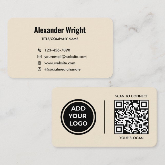 Warm Beige Logo Scan Code Contact Business Card  (Front/Back)