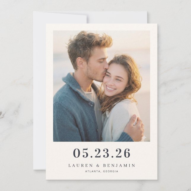 Warm Beige Minimalist Photo Save The Date (Front)
