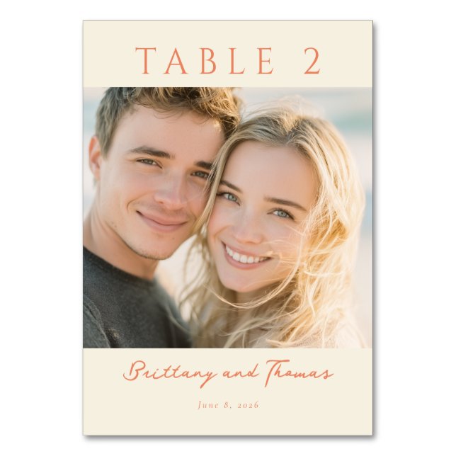 Warm Beige Minimalist Photo Table Number (Front)