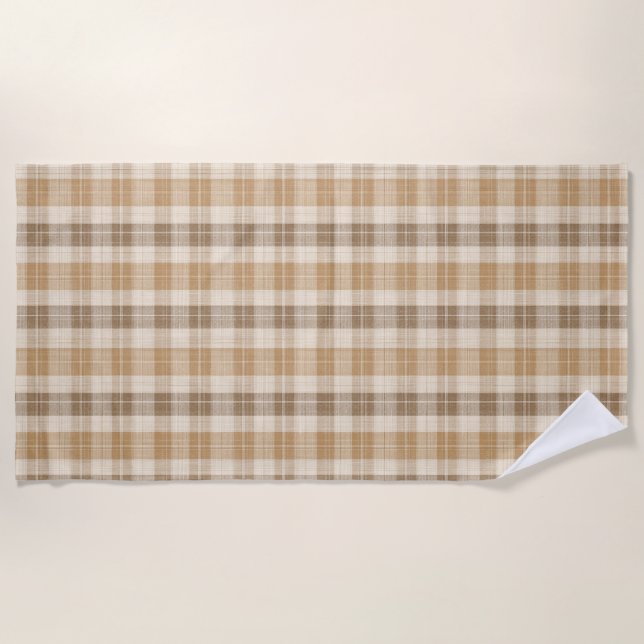 Warm Beige Plaid Linen Texture with Weaves Beach Towel (Front)