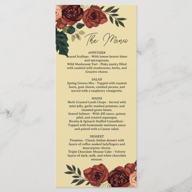 Warm Beige Romantic Floral  Menu , Wedding Menu (Front)