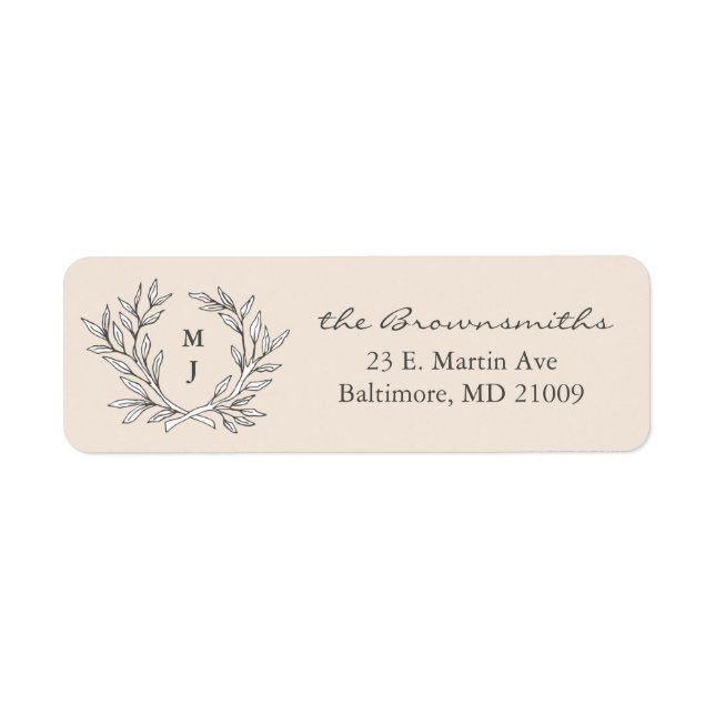 Warm Beige Rustic Wreath Monogrammed Address Label (Front)