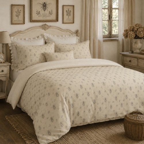 Warm Beige Vintage French Country Engraving Bee Duvet Cover