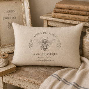 Warm Beige Vintage French Country Engraving Bee Lumbar Pillow