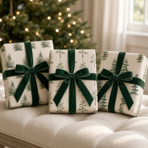 Warm Beige Watercolor Christmas Pine Trees Wrapping Paper Sheets