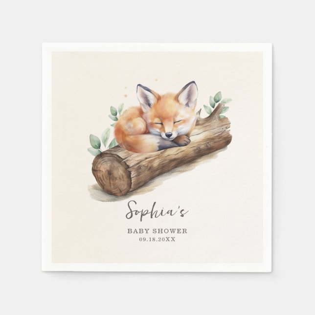 Warm Beige Woodland Fox Baby Shower Paper Napkins (Front)