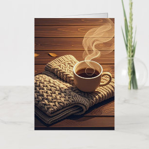 Warm blanket and steamy drink foil greeting card