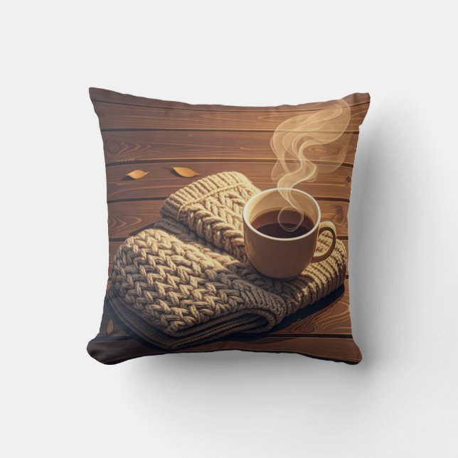 Warm blanket and steamy drink throw pillow (Front)