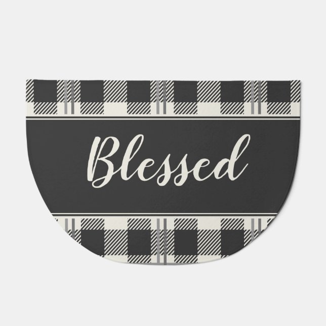 Warm Blessed Buffalo Plaid Round Design Doormat (Front)