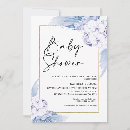 Warm Blue Boho Pampas Grass Frame Baby Shower Invitation