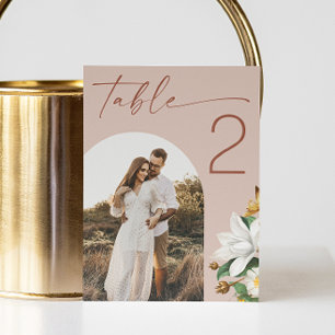 Warm Blush Beige Script Floral Wedding. Arch Photo Table Number