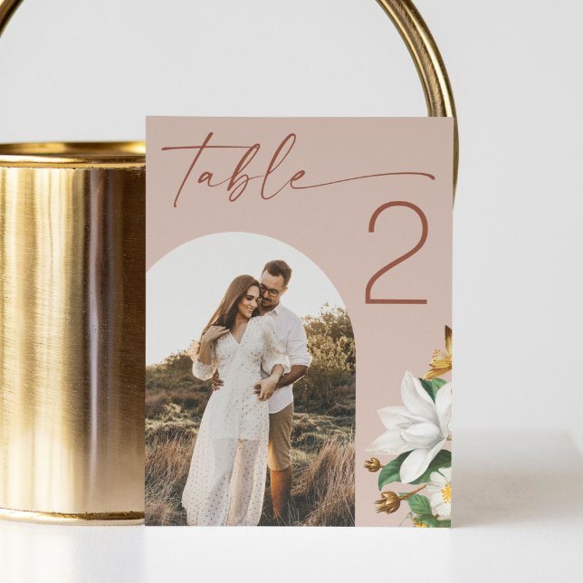 Warm Blush Beige Script Floral Wedding. Arch Photo Table Number (Creator Uploaded)