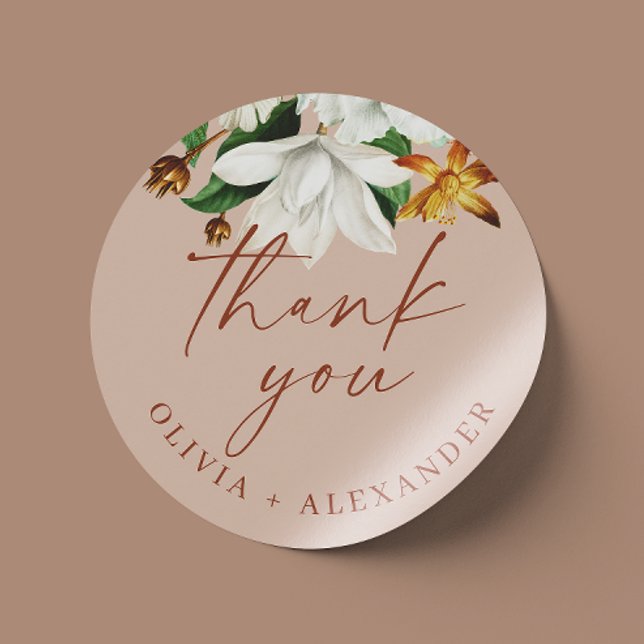 Warm Blush Beige Wedding Thank You | Garden Floral Classic Round Sticker (Creator Uploaded)
