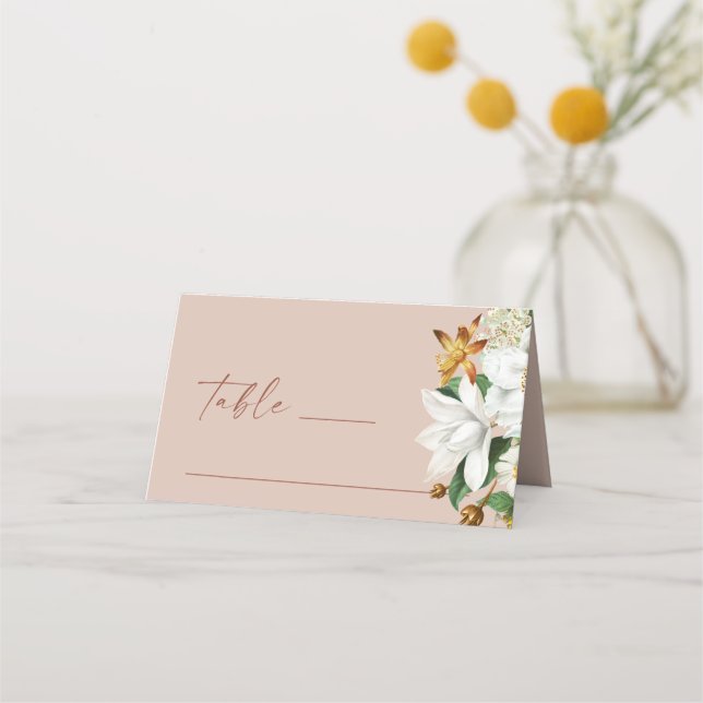 Warm Blush Beige Wedding | White Botanical Floral Place Card (Front)