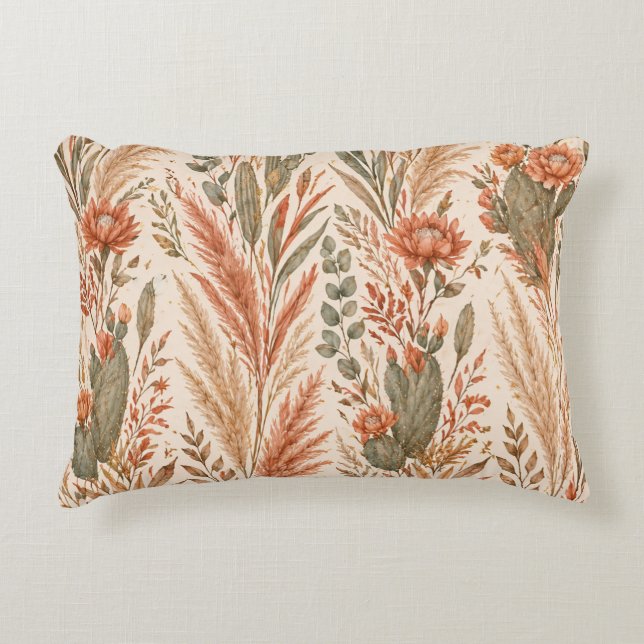 Warm Boho Botanical Terracotta Desert Flowers Accent Pillow (Front)