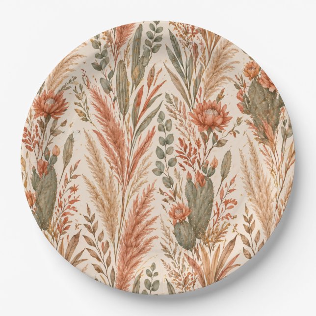 Warm Boho Botanical Terracotta Desert Flowers Paper Plates (Front)