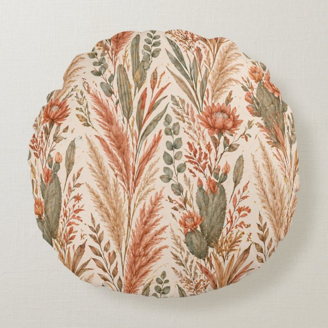 Warm Boho Botanical Terracotta Desert Flowers Round Pillow (Front)