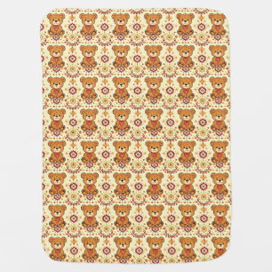 Warm Boho Teddy Bear and Autumn Floral Seamless Baby Blanket