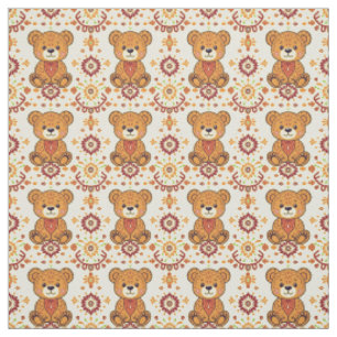 Warm Boho Teddy Bear and Autumn Floral Seamless Fabric