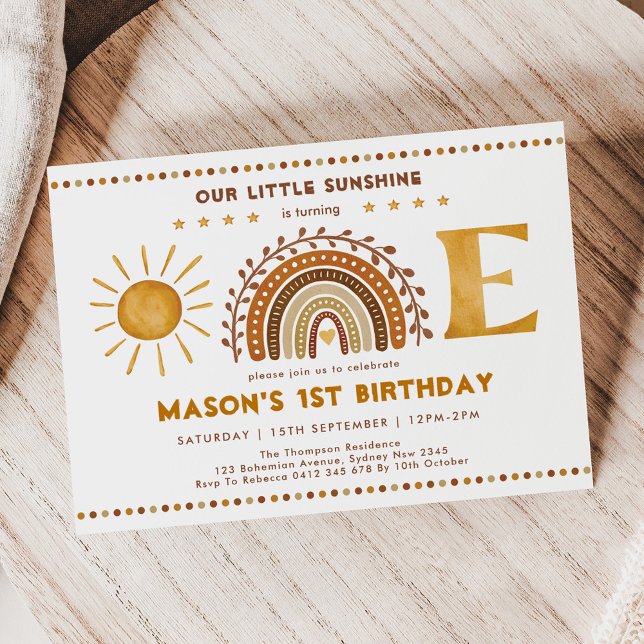 Warm Boho Terracotta Sunshine Rainbow 1st Birthday Invitation (Creator Uploaded)
