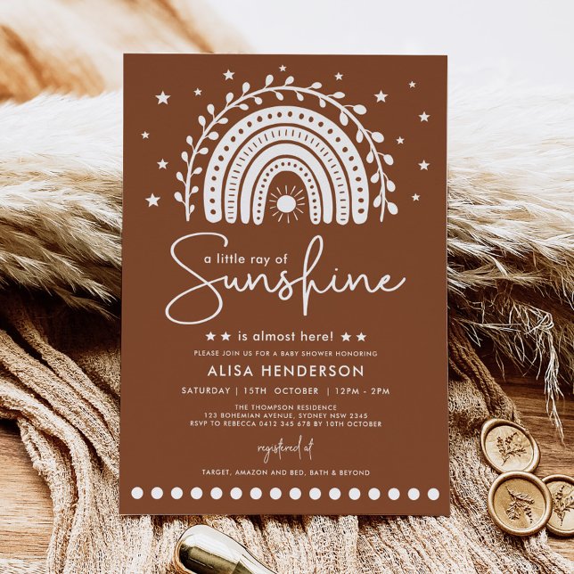 Warm Boho Terracotta Sunshine Rainbow Baby Shower Invitation (Creator Uploaded)