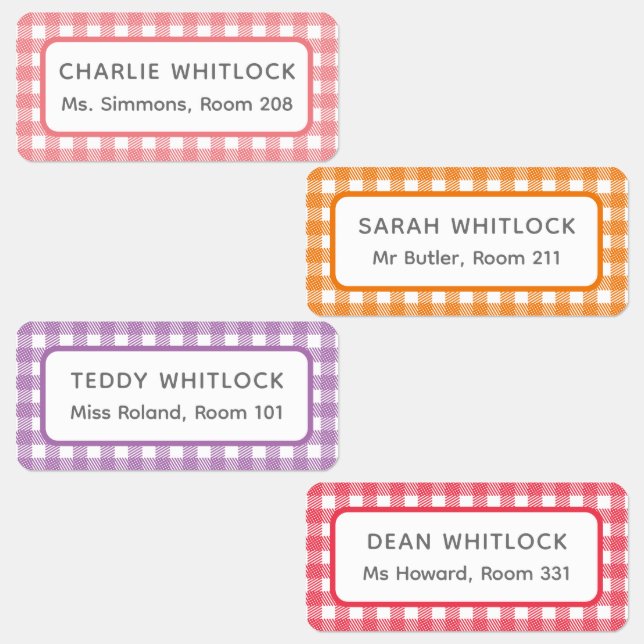 Warm Brights Gingham Plaid Four Kid School Labels (Group)