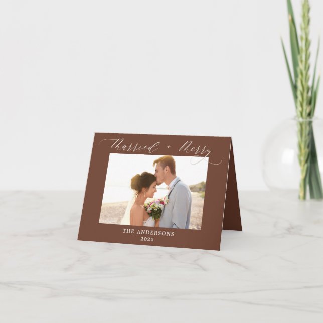 Warm Brown 2 Photo Merry and Married Christmas  Thank You Card (Front)