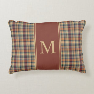 Warm Brown and Cream Plaid Monogram Accent Pillow