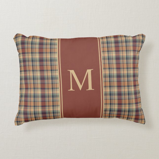 Warm Brown and Cream Plaid Monogram Accent Pillow (Front)