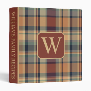 Warm Brown and Cream Plaid Monogram Recipe 3 Ring Binder