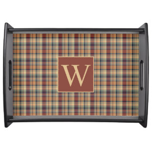 Warm Brown and Cream Plaid Monogram Serving Tray