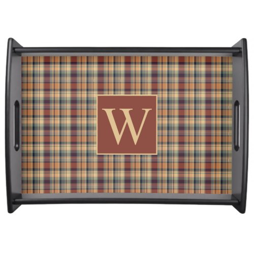 Warm Brown and Cream Plaid Monogram Serving Tray