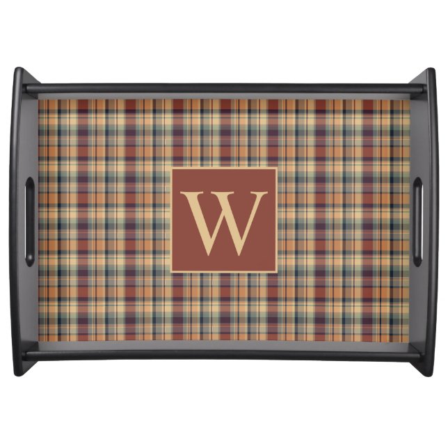Warm Brown and Cream Plaid Monogram Serving Tray (Front)