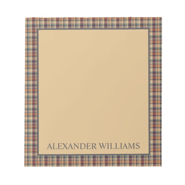 Warm Brown and Cream Plaid Personalized Notepad (Front)