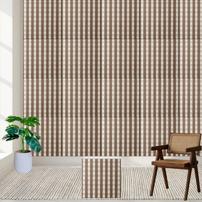 Warm Brown and White Checkered Gingham Pattern  Ceramic Tile (Warm Brown and White Checkered Gingham Pattern Ceramic Tile)