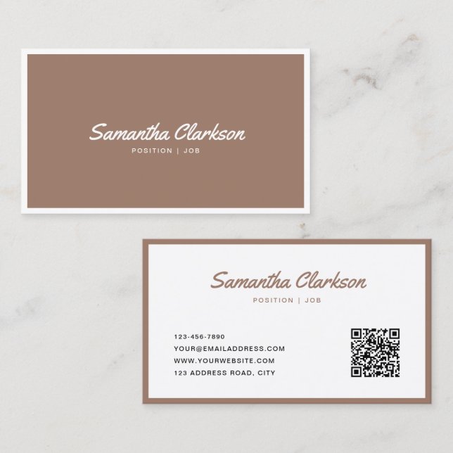 Warm Brown Border Handwriting Script QR code Business Card (Front/Back)