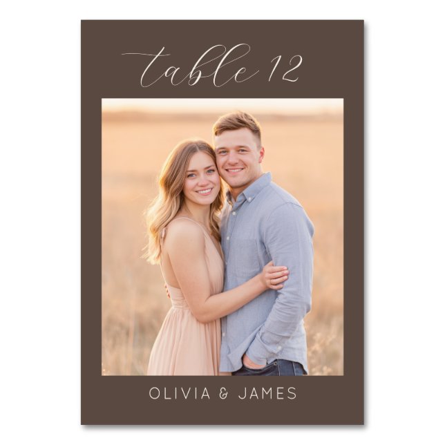 Warm Brown Minimalist Photo Table Number (Front)