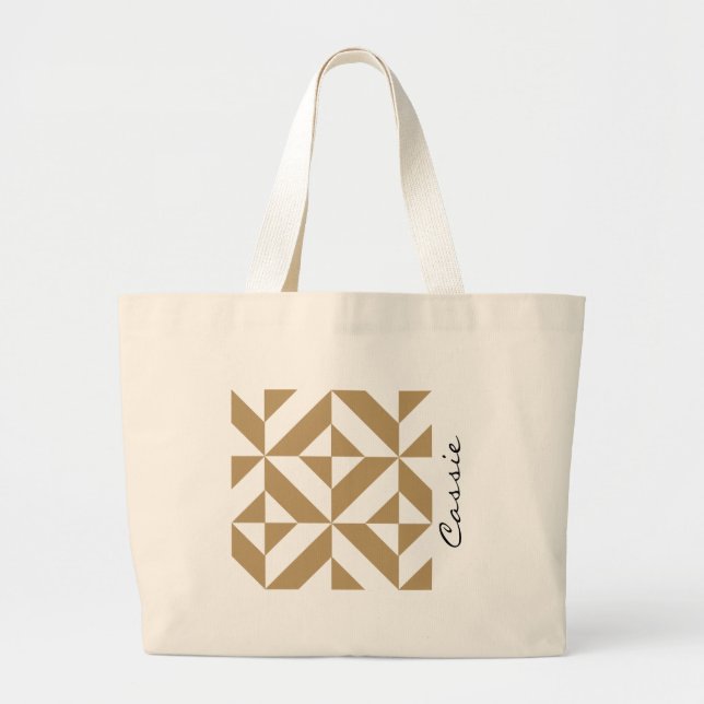 Warm Brown Personalized Geometric Deco Cube Name Large Tote Bag (Front)