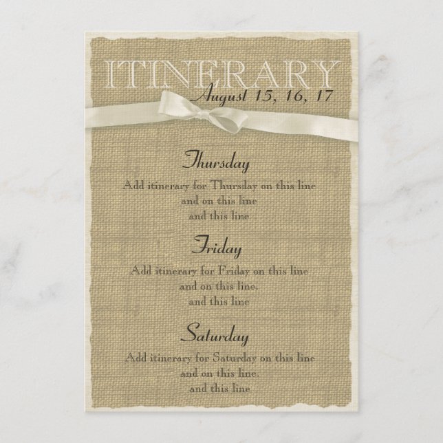 Warm Burlap and Bow Itinerary Enclosure Card (Front)