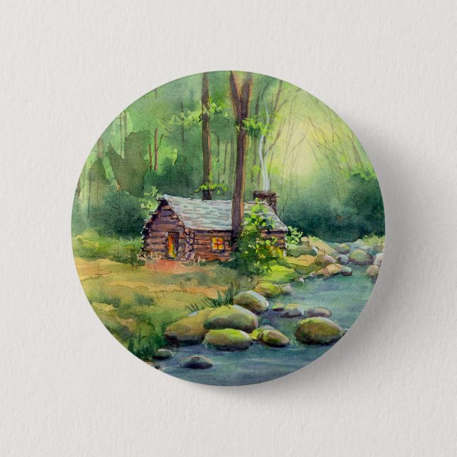 WARM CABIN in the WOODS by SHARON SHARPE Button (Front)