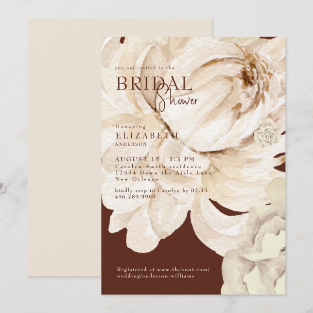 Warm Chocolate Brown Cream Floral Bridal Shower  Invitation (Front/Back)