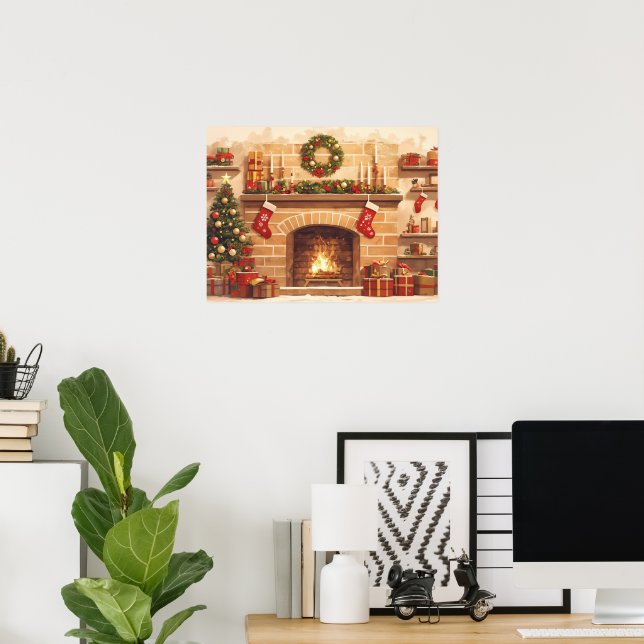 Warm Christmas Fireplace Scene Poster (Home Office)