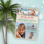 Warm Christmas Greetings Flamingos Photo Collage Holiday Card<br><div class="desc">Flamingos family Christmas flat photo card with a place for five pictures of the kids, pets, parents or vacation photos. Beneath the two photo templates at the top is a row of pink flamingos wearing tropical holiday wreaths and standing among tiny blue starfish. Teal blue text is easy to customize...</div>