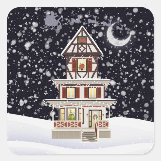 Warm Christmas Holiday Home in Silent Snowfall Square Sticker