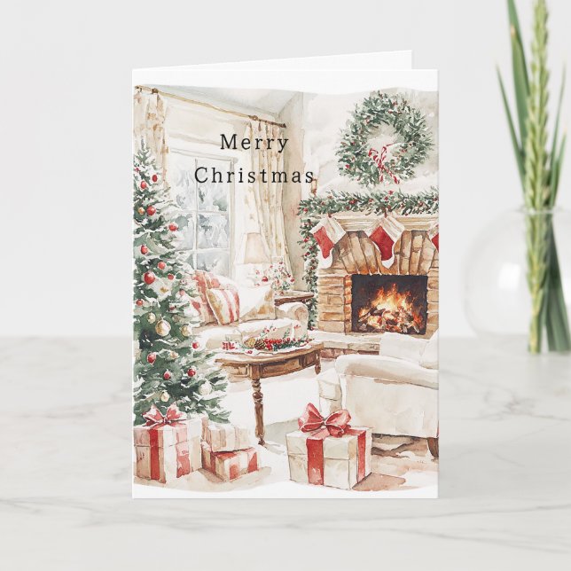 Warm Christmas Tree Fireplace Card (Front)
