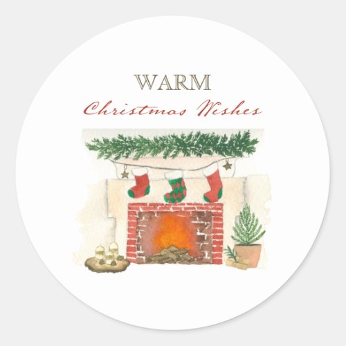 Warm Christmas Wishes Cozy Winter Fireplace Classic Round Sticker