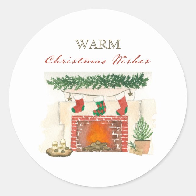 Warm Christmas Wishes Cozy Winter Fireplace Classic Round Sticker (Front)