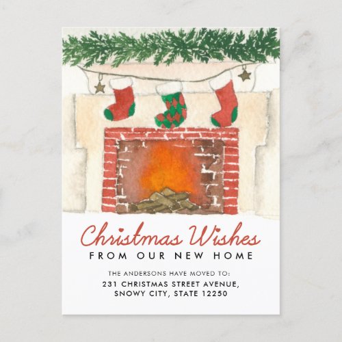 Warm Christmas Wishes Fireplace Holiday Moving Announcement Postcard